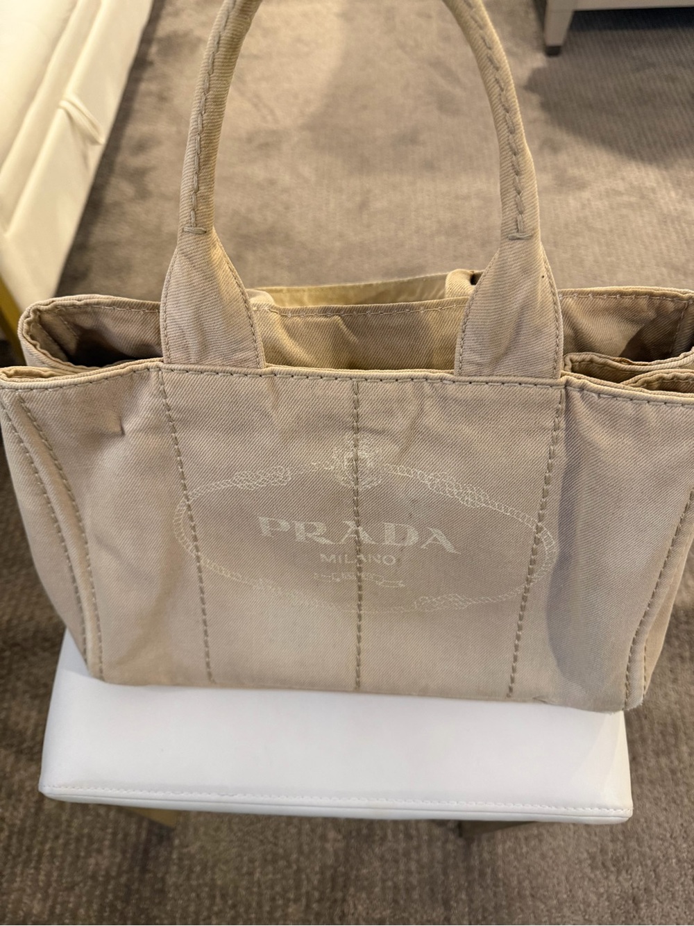 Prada Beige Canvas Tote with Prada Milano Logo